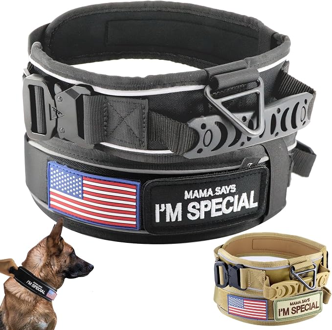 Tactical Dog Collar with Handle for Medium Dogs, 2.5"Wide Thick Heavy Duty Metal Buckle Dog Collar with Soft Neoprene Padded Lining, Military Service Reflective Collar for Training (Black,M)