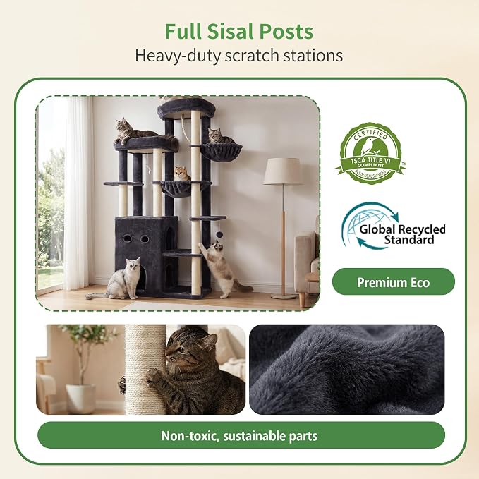 Heybly Cat Tree, 69.7 inches Secure Anti-Tip Cat Tower for Large Cats, Expansive Cat Furniture with Dual-Tier Cat Condo Villa, 2 Top Perches, Hammock & Full Sisal Scratching Posts, Smoky Gray HCT065G