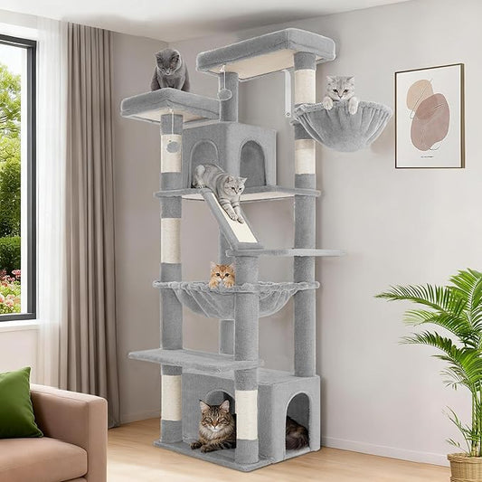 Hzuaneri Large Cat Tree, 72 Inch Tall Indoor Cat Tower for 6 Large Cats, Corner Climbing Activity Pet Condo with 2 Large Platforms/2 Cats House/6 Scratching Post/1 Hanging Basket, Light Gray MS18318LG