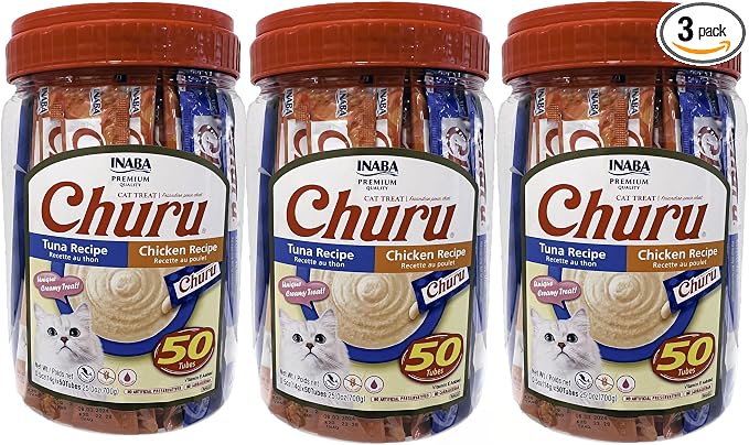 INABA Churu Lickable Grain-Free Purée Cat Treats, (75 Tuna and 75 Chicken) | Grain-Free, Lickable, Squeezable Creamy Purée, Treat/Topper