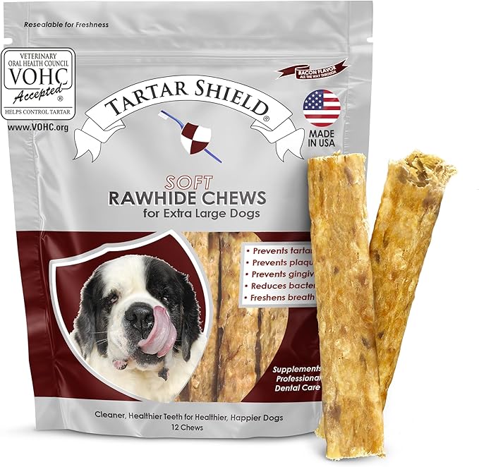 Tartar Shield® Soft Rawhide Dental Chews for Extra Large Dogs | VOHC Accepted | Reduces Tartar, Controls Plaque & Freshens Breath | Vet Recommended | Bacon Flavor | USA Made | 12 Count