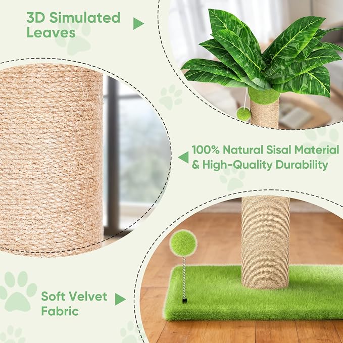 XiaZ Cat Scratching Post 34'' Tall, Cat Tower Scratcher Extra Wide 15.8" Stable Base with 4 Non-Slip Pads, 2 Toy Balls, Natural Sisal & Plush Fabric for Small Medium Large Cats (Green, 4.5in)