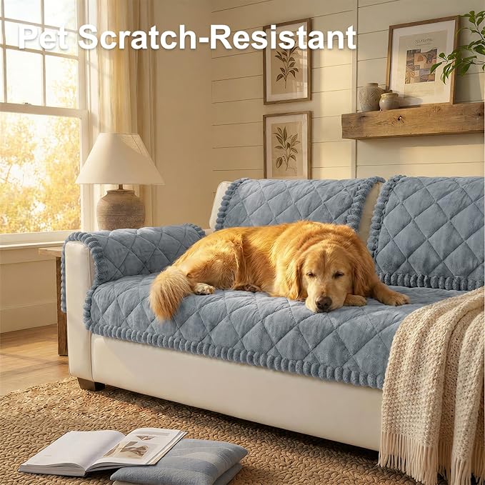 Smiry Couch Cover for Dogs, Non Slip Washable Pet Sofa Protector for Large Dogs, Cats, Fuzzy Plush Sofa Covers for 2 Cushion Couch, Against Fur, Dirt & Scratch Resistant, Grey, 27.6"×47"
