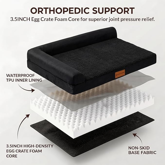 Patas Lague Orthopedic Dog Bed Medium Size Dog 30''X20'', Waterproof L Bolster Medium Pet Sofa Beds with Removable Washable Cover, Soft Pet Couch Crate Mat with Nonskid Bottom, Black