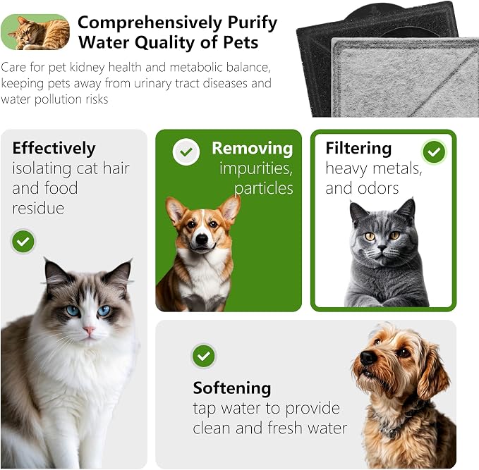 Cat Water Fountain Replacement Charcoal Filter Square Compatible with Petsafe Premier, Ion-X, Outlast Pumpless & Viva Pet Water Fountain, Carbon Filters for Cat and Dog Indoor (BLACK, 6 PACK)