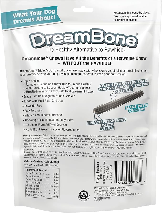 DreamBone Triple Action Dental Sticks Charcoal, 10 Count, Rawhide-Free Chews for Small and Medium Sized Dogs Freshens Breath