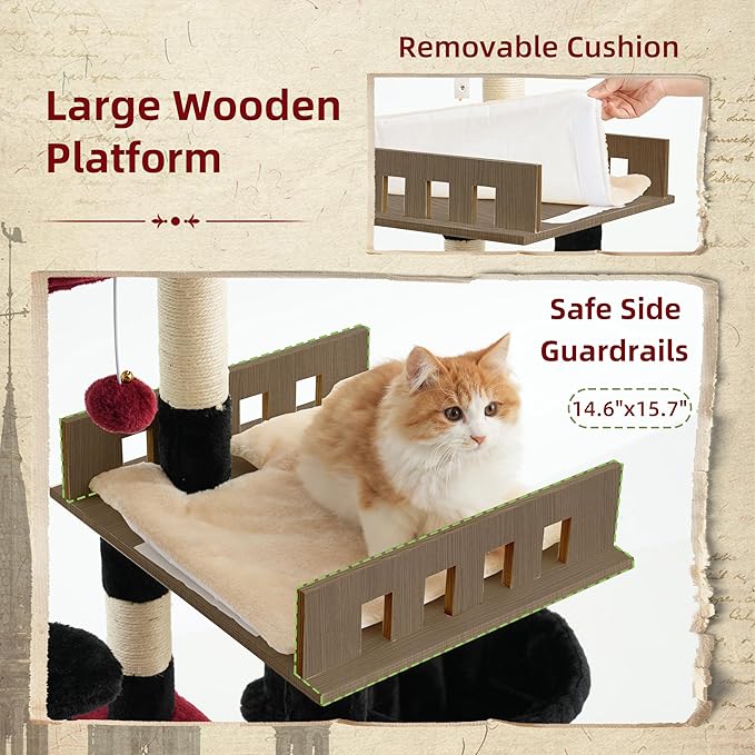 Gitelsnour Cat Tree for Indoor Cats Large Adult, Heavy Duty Cat Tree for Large Cats 20 lbs+, Cat Condo with Big Wooden Perch, Cat Tower with 14 Scratching Posts, Hammock, Black GCT023BR