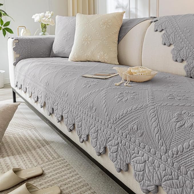 Cotton Quilted Dog Couch Cover for Sofa Farmhouse Rustic Embroidery Sectional Couch Cover Soft Anti-Slip Sofa Slipcover Furniture Protector for Kids, Pets (Grey,28"x70")