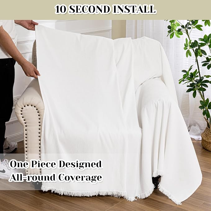 MEETSKY Oversized Chair Covers White Couch Cover Washable Armchair Slipcover Single Couch Cover for Dogs Pets, Recliner Cover 1 Cushion Couch Chenille Couch Protector with Tassel, 71"x 91"