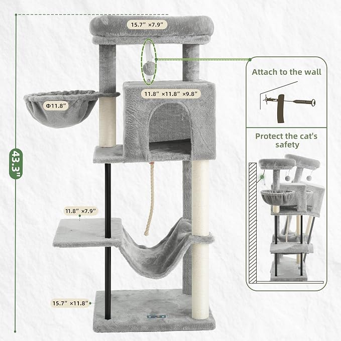 Gitelsnour Cat Tree, Cat Tower for Indoor Cats, 43.3 inch Cat Tree Tower with Sturdy Steel Tube, Cat Hammock, Cat Condo for Small Cats and Kittens, Cat Scratching Post, Light Gray GCT004SW