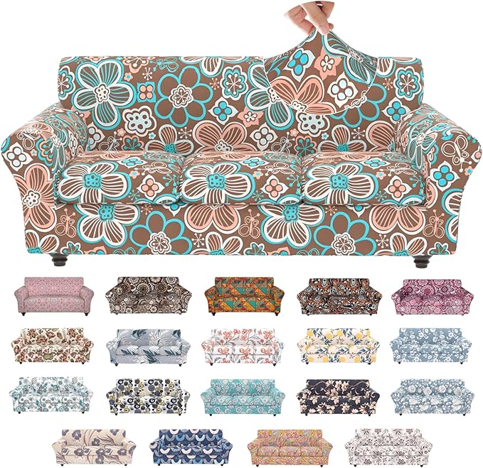 Stretch Couch Covers for 3 Separate Cushion Couch Sofa,Floral Printed Couch Sofa Cover,Washable Sofa Slipcover,Pet Friendly Furniture Protector with Elastic Bottom,Universal Fit for Home(Sofa,Cover)