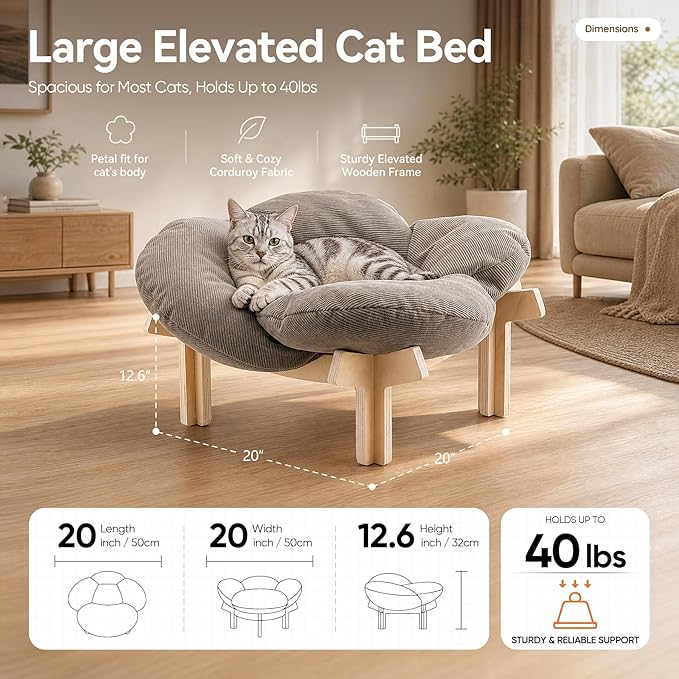 JUNSPOW Elevated Cat Bed for Indoor & Outdoor Cats, Removable Soft Cushion with Wooden Stand, Suitable and Comfortable Pet Bed for Kitty and Puppy, Holds Up to 40lbs with Ease
