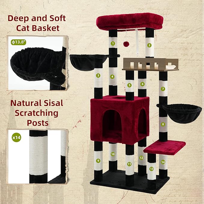 Gitelsnour Cat Tree for Indoor Cats Large Adult, Heavy Duty Cat Tree for Large Cats 20 lbs+, Cat Condo with Big Wooden Perch, Cat Tower with 14 Scratching Posts, Hammock, Black GCT023BR