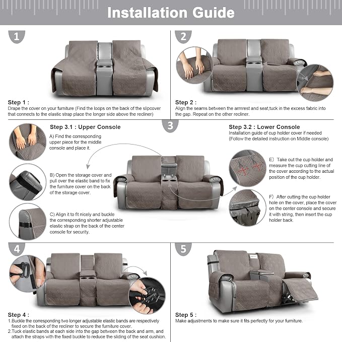 TAOCOCO Loveseat Recliner Cover with Center Console, 100% Waterproof Pet Covers for Dual Recliner with Straps Design, Split Reclining Loveseat Cover Furniture Pet&Kid Protector (2 Seater, Light Brown)