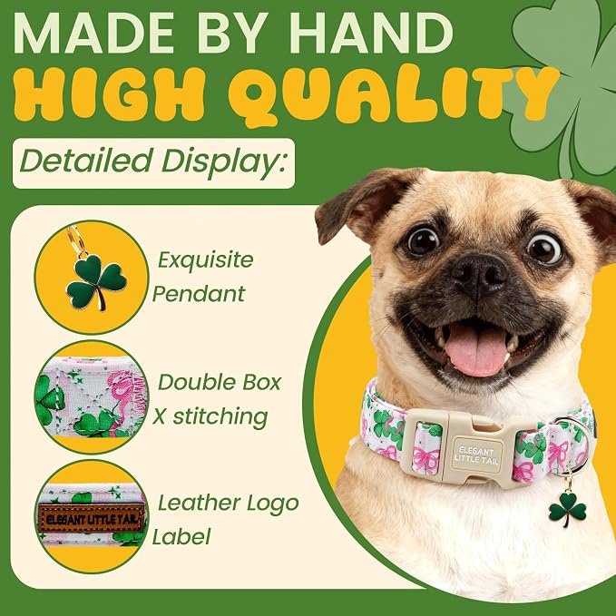 Elegant little tail St Patrick's Dog Collar - Green Cute Clover Cotton Shamrock Pet Collar Trefoil Adjustable Cotton Pet Collar with Quick Release Buckle for Medium Dogs