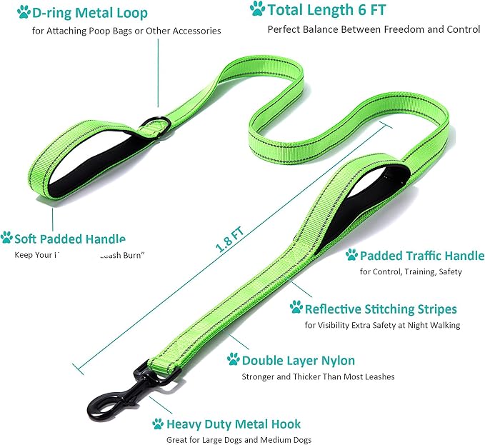 Heavy Duty Dog Leash - 2 Handles by Padded Traffic Handle for Extra Control, 6foot Long - Perfect for Medium to Large Dogs (6 ft, Bright Green)