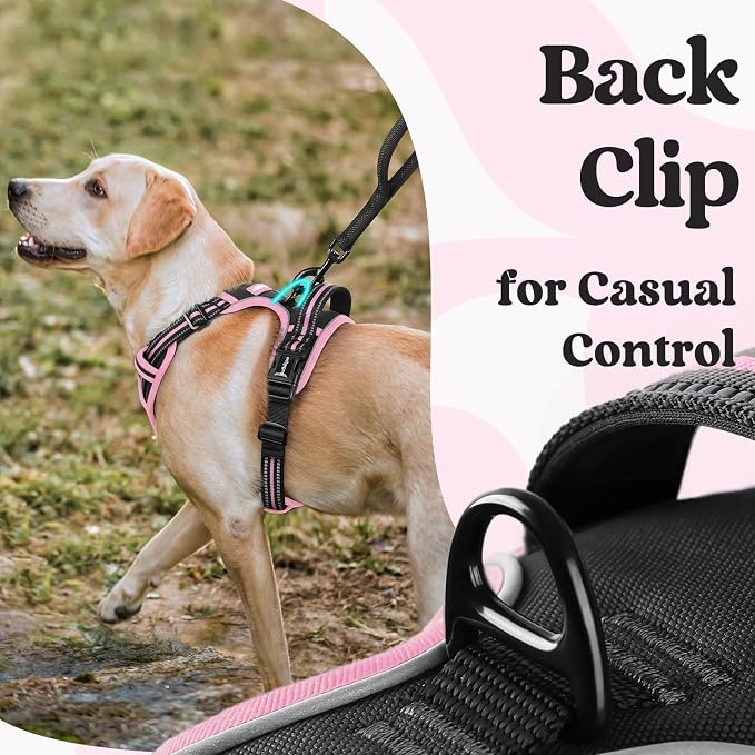rabbitgoo Dog Harness Medium Sized, No Pull Easy On & Off with 3 Buckles Pet Harness, Adjustable Soft Walking Vest with 2 Clips and Handle, Reflective for Medium Dogs, Black & Pink, M