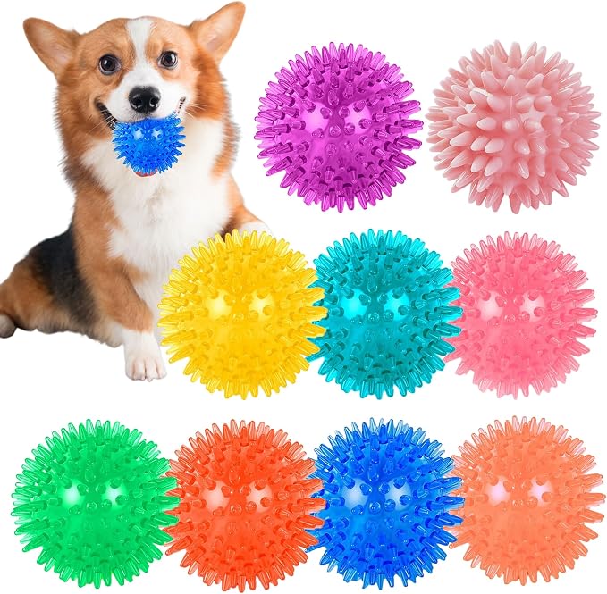 9 Pack Squeaky Dog Balls 2.5″ Dog Toys Balls for Small Medium Dogs Pet Puppy Chew Toys for Teething No Odor Durable Spiky Balls for Teeth Cleaning and Training for Small Dogs（Small）