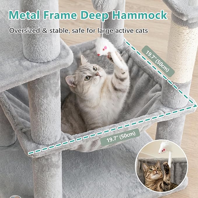 Cat Tree, 81.1" Skyward Corner Cat Tower for Large Cats with Diamond Hideout, Space-Smart Cat Furniture with Grand Platform, Firm Base, 3 Soft Hammock & Pet Relax Station, Light Gray VCT031W