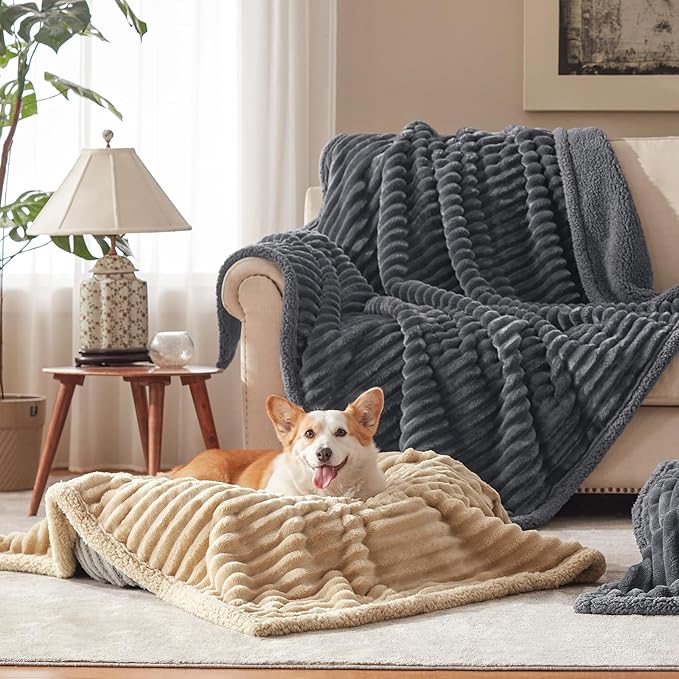 AIPERRO Waterproof Dog Blanket for Large Dogs, Washable Soft Puppy Cat Blanket Flannel Cotton Velour for Sofa Couch Protector, Comfort & Security Reversible Bed Protection for Pet, 40"X50", Khaki