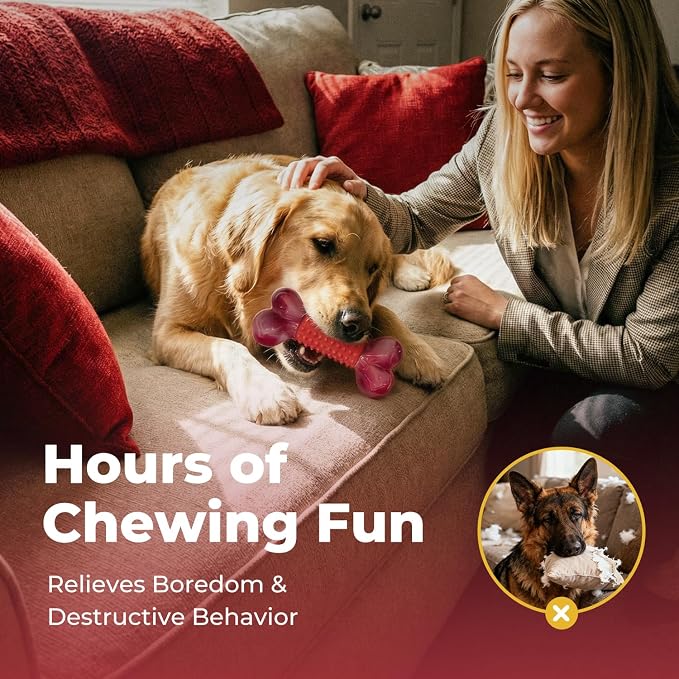 2-Pack Tough Dog Toys for Aggressive Chewers: Beef Flavored Long Lasting Dog Bones for Large Dogs, Heavy Duty Nylon & Rubber Dog Chew Toys to Keep Them Busy, Medium & Large Breed, Red