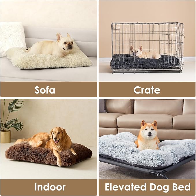 EHEYCIGA Fluffy Dog Crate Bed for Large Dogs, Plush Faux Fur Crate Pad, Calming Anti Anxiety Large Dog Bed, Washable Soft Warm Mat with Non-Slip Bottom, Coffee