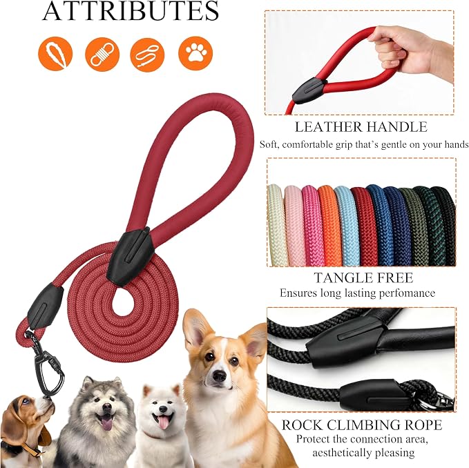 Leash for Dogs, 5FT Rope Dog Leather Leash, Dogs Lead, Comfortable Leather Handle, Puppy Leashes, Strong Nylon Pet Lead for Small, Medium, Large (Red, 5 Feet)