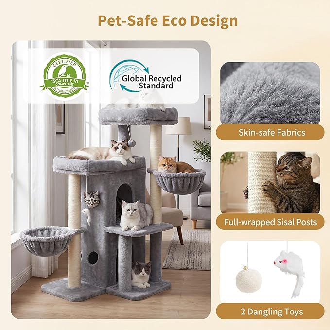 Heybly Cat Tree with Reinforced Big Base, 41.3-Inch Sturdy Cat Tower for Indoor Cats Featuring 2 Roomy Platforms, Double Cat Condo, 2 Cozy Baskets, Full Sisal Scratching Posts, Light Gray HCT075W