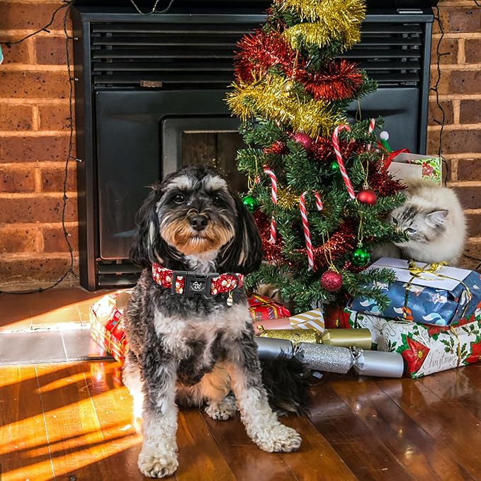 Elegant little tail Christmas Dog Collar, Snowman Print Pet Collar Cotton Soft Plastic Buckle Sturdy Puppy Collars Holiday Female or Male Adjustable Collar for Small Puppy