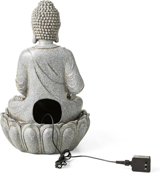 Glitzhome Buddha Fountain Outdoor 20.5" H, 2-Tier Zen Style Concrete Meditating Buddha Statues Water Fountains with Pump & LED Light, Buddhas Floor Fountains Sculpture for Garden Patio Backyard