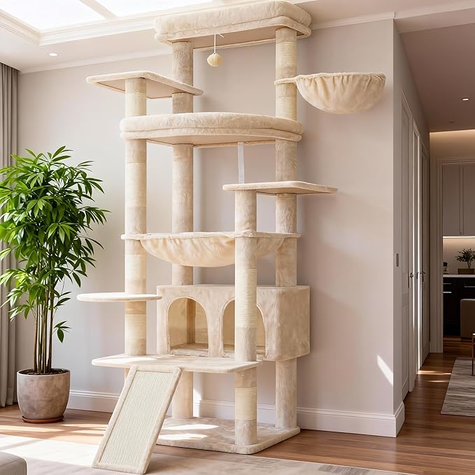 Heybly Tall Cat Tree for Large Cat, 80-inch Multi-Level Cat Tower for Indoor Cats with Large Baseboard, Condo Furniture with 2 Widened Plush Perches,Scratching Board and Big Caves, Beige HCT038M