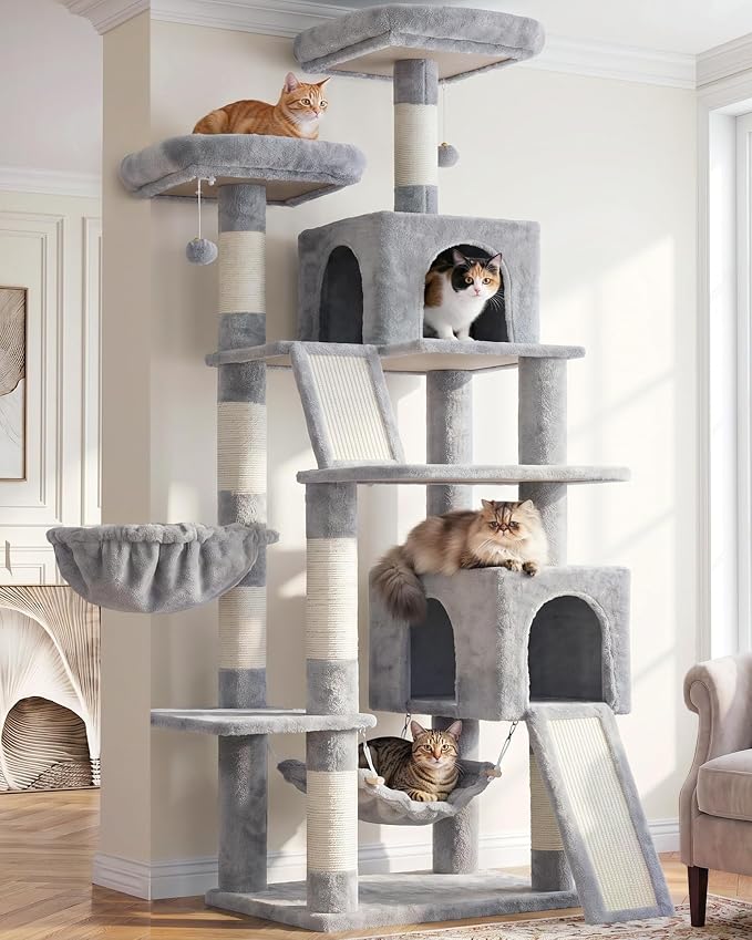 Gitelsnour Cat Tree for Indoor Cats, 71'' (180cm) Multi-Level Cat Tower for Large Adult, Sturdy Cat Tree House with 2 Scratching Boards 7 Posts, 2 Plush Perches/Condos, Hammock, Light Gray GCT032W
