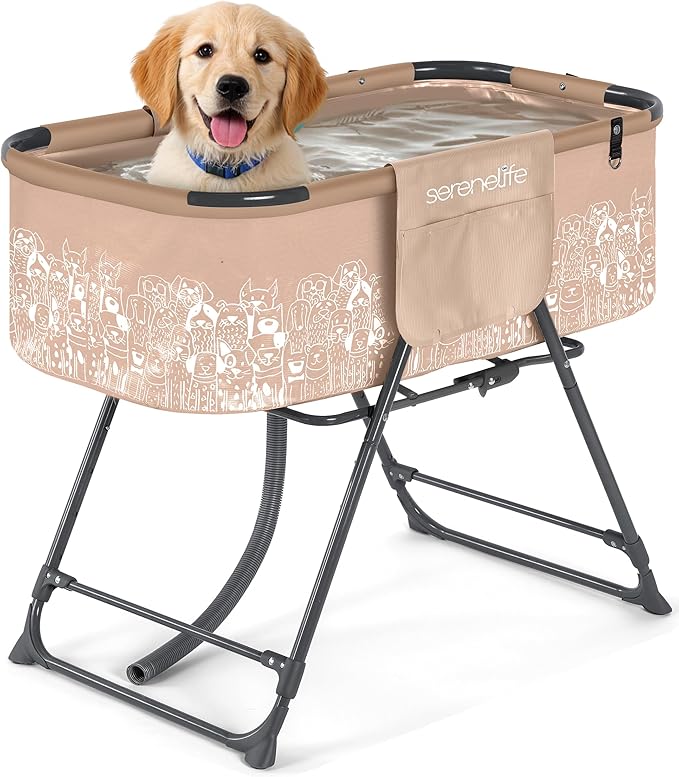 SereneLife Foldable Dog Bath Tub with Adjustable Height, 360° Access, Drain Hose & Storage Pockets – 130 lb Capacity Grooming Station for Indoor/Outdoor Use (Beige)
