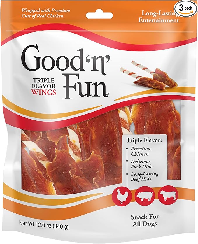 Good 'n' Fun Triple Flavor Wings Chews for All Dogs, 12 Ounces, Treat Your Dog to Long-Lasting Chews Made from Chicken, Pork Hide and Beef Hide (3-Pack)