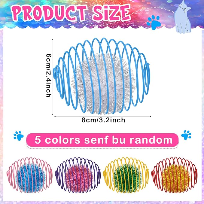 Jecery 5 Pcs Cat Spring Toys Stretchable Rolling Balls Colorful Playful Coils Interactive Action Toy Caged Rats for Kitten Pet Supplies (Glitter Balls,Multicolor)