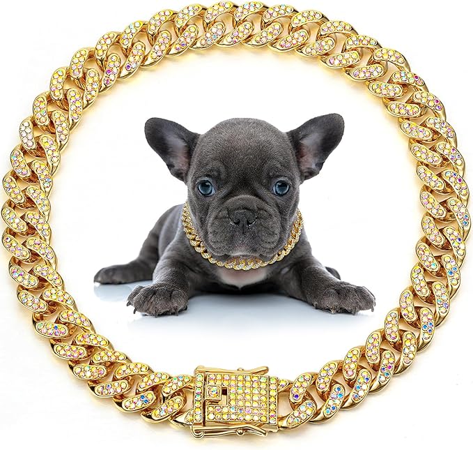 LEIFIDE Dog Chain Collar Diamond Link Puppy Collar 12 mm Wide Dog Necklace Metal Cat Chain Pet Crystal Necklace Jewelry Accessories for Small Medium Large Pet(12 Inch,Gold, AB Color)