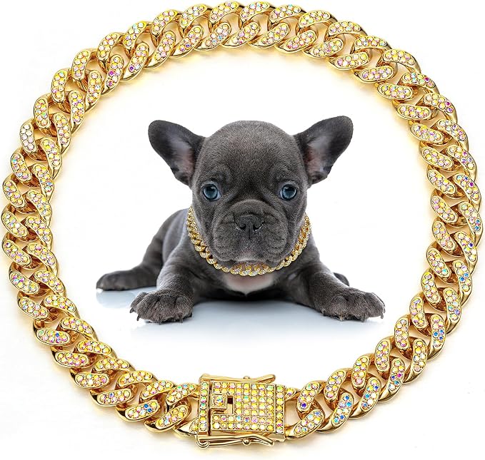 LEIFIDE Dog Chain Collar Diamond Link Puppy Collar 12 mm Wide Dog Necklace Metal Cat Chain Pet Crystal Necklace Jewelry Accessories for Small Medium Large Pet(22 Inch,Gold, AB Color)