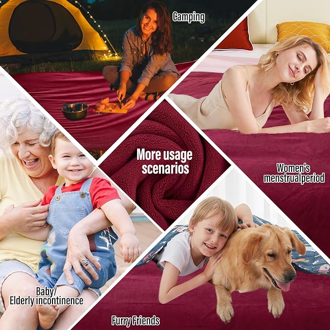 Ahinahwap Waterproof Blanket for Bed, 80"x90" Leak-Proof Design, Reversible & Washable King Size Waterproof Blanket, Large Water Resistant Blankets, Reusable (Burgundy/Rose Pink)