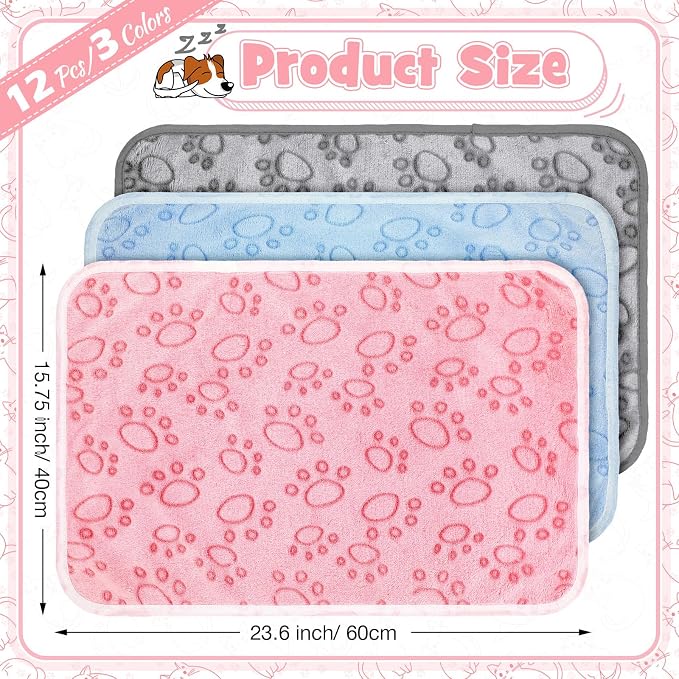 Tegeme 12 Pcs Pet Blankets 23 x 16 Inch Soft Fluffy Fleece Dog Cat Warm Paw Print Pattern Blankets Flannel Throw for Pets Dog Puppy Cat(Multicolor)