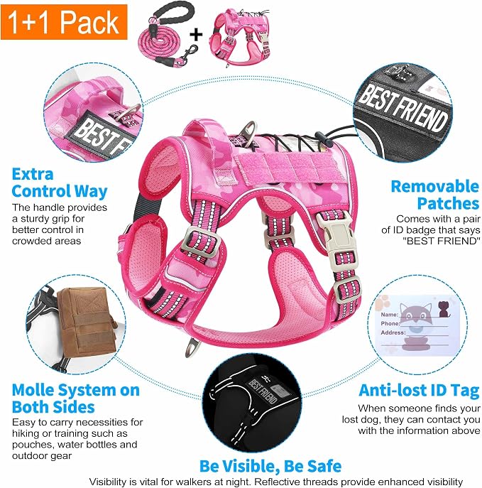 Beebiepet Heavy Duty Tactical Dog Harness for Small Dogs, No Pull Adjustable Pet Harness Reflective Service Training Easy Control Pet Vest Military K9 Working Dog Harnesses-X- Large, Pink Camo