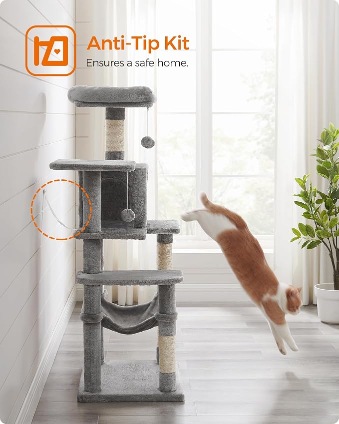 Feandrea Cat Tree, 54.2-Inch Cat Tower, Plush Multi-Level Condo with 4 Scratching Posts, 2 Perches, Hammock, Cave, Light Gray UPCT161W01