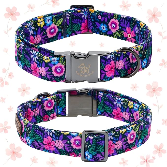 Elegant little tail Dog Collar, Pink Floral Pattern Pet Collars with Bow Girl Cotton Bowtie Collars Spring Puppy Gift Adjustable Pet Collar for Medium Dogs