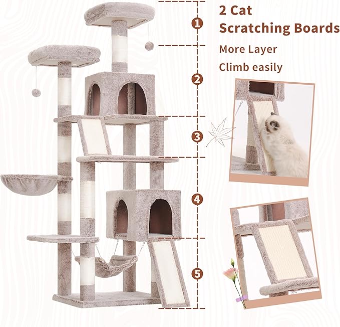 Gitelsnour Cat Tree for Indoor Cats, 71'' (180cm) Multi-Level Cat Tower for Large Adult, Sturdy Cat Tree House with 2 Scratching Boards 7 Posts, 2 Plush Perches/Condos, Hammock, Muchroom GCT032MU