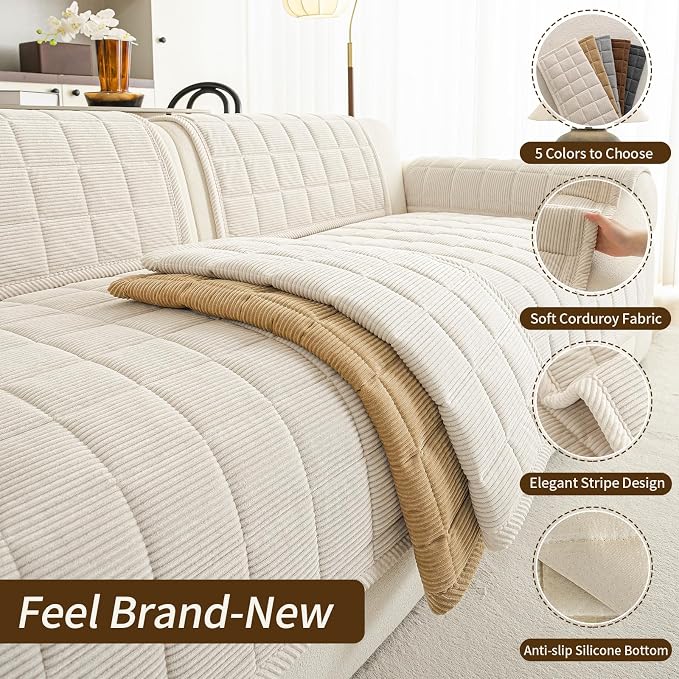 Velvet Couch Covers for Sectional Sofa Washable, Non-Slip L Shaped Sectional Couch Cover, Soft Pet Couch Covers for Sofa, Furniture Slipcovers for Loveseat(1PC,35"x63",Beige White)