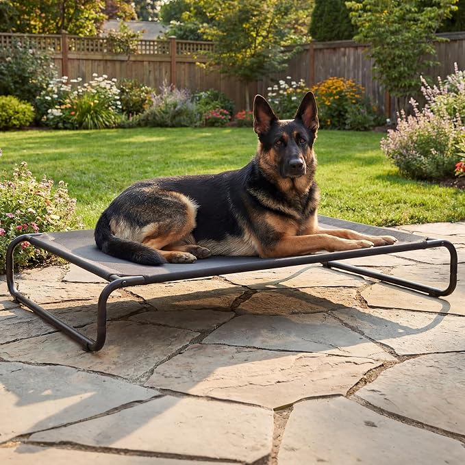 Veehoo Cooling Elevated Dog Bed, Outdoor Dog Bed for Large Dogs, Raised Dog Cot with Thickened Frame, Durable Teslin Mesh & Anti-Slip Rubber Feet, Pet Hammock for Indoor or Camping, 53" x 33", Black