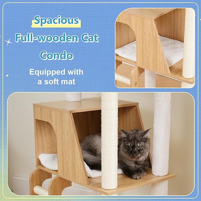 Hey-brother Wooden Cat Tree, 69.7 inch Cats Furniture Tower with Large Platforms, Hammocks, Spacious Condo, Full Sisal Scratching Posts, Ladder, Brush, Water Proof Surface, White Oak MPJ121BT