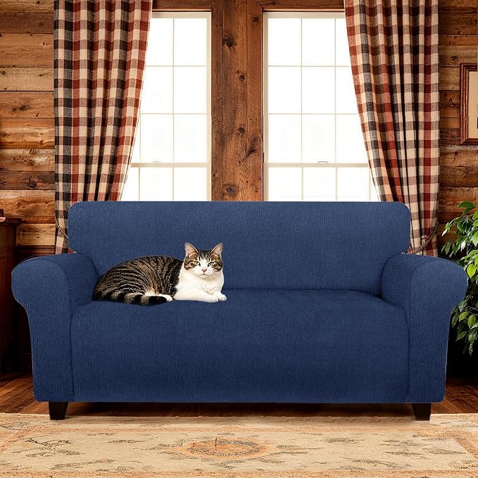 Waterproof Stretch Spandex Loveseat Couch Cover - Non-Slip Soft Sofa Slipcover with Elastic Bottom, Washable Leakproof Furniture Protector for Kids, Pets, Dogs & Cats (Loveseat, Navy)