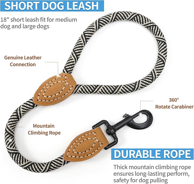 Mile High Life Short Leash for Large Dogs, Short Dog Rope Leash with Heavy Duty Metal Sturdy Clasp, Genuine Leather Tailored Connection(White, 18 Inch)