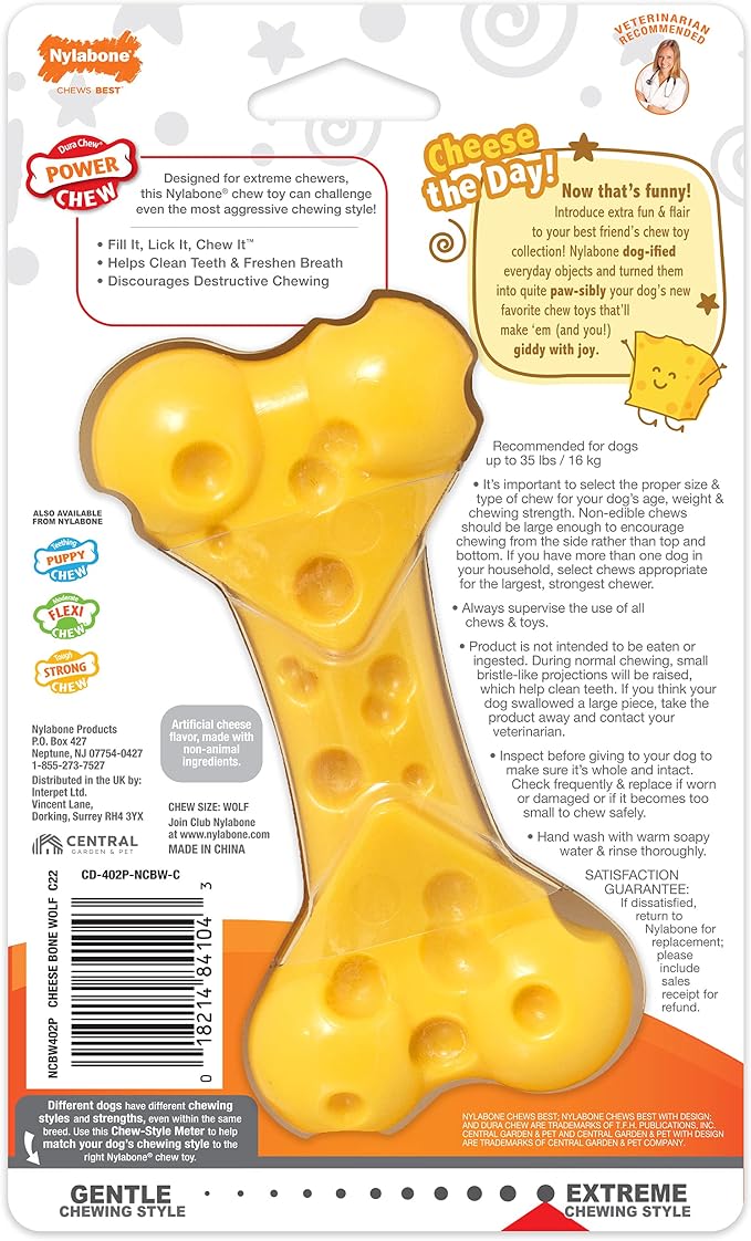 Nylabone Cheese Bone Power Chew Toy for Dogs, Cute Dog Toys for Aggressive Chewers, Cheese Flavor, Medium Dogs - Up to 35 lbs, 1 Count