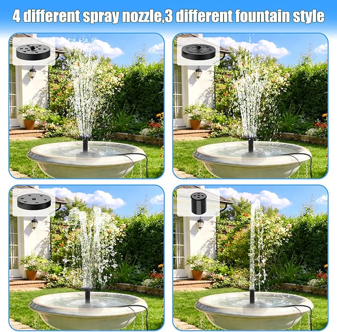 Yeomi Solar Fountain Pump for Bird Bath, 2W Upgraded Solar Water Pump with Separate Panel & 3M/9.84ft Cable, 4 Nozzles for Fountain Effects, Eco-Friendly for Bird Bath, Garden, Pond, Patio Decor